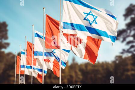 Kanada und Israel Fahnen winken auf Wald Hintergrund. Konzept der internationalen kanadischen israelischen Beziehungen. Stockfoto