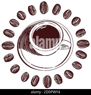 Runder Rahmen aus Kaffeebohnen und Tasse Espresso . Skizzenstil Vektorgrafik Stock Vektor