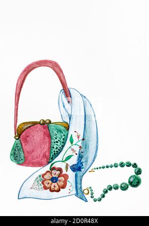 Stillleben mit Damenaccessoires handgezeichnet von Aquarellen und Farbstiften Auf White Paper Stockfoto