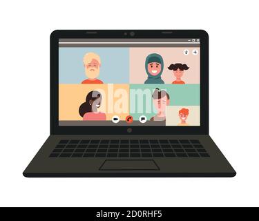 Menschen sprechen miteinander auf einem Computerbildschirm. Über das Internet. Lernen zu Hause. Remote. Konferenzvideoanruf, Arbeit zu Hause Stock Vektor