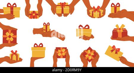 Set von Geschenkboxen in Händen auf einem weißen isolierten Hintergrund. Symbol. Symbole. Vektorgrafik Stock Vektor