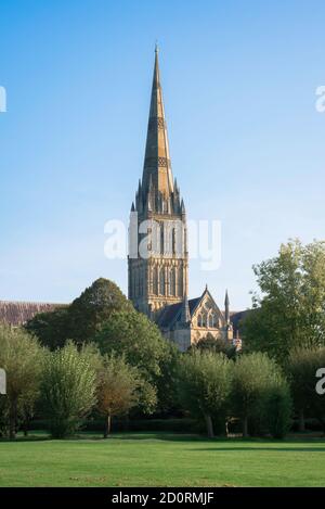 Salisbury Cathedral UK, Blick über die Salisbury Wasserwiesen zur Kathedrale aus dem 13. Jahrhundert und ihrem 123 m hohen Turm, Wiltshire, England, Großbritannien Stockfoto