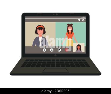 Menschen sprechen miteinander auf einem Computerbildschirm. Über das Internet. Lernen zu Hause. Remote. Konferenzvideoanruf, Arbeit zu Hause Stock Vektor