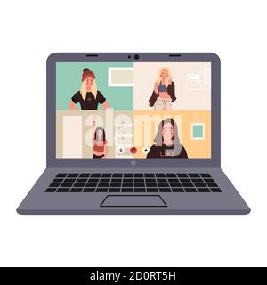 Menschen sprechen miteinander auf einem Computerbildschirm. Über das Internet. Lernen zu Hause. Remote. Konferenzvideoanruf, Arbeit zu Hause Stock Vektor