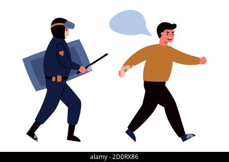 Illustration eines Polizisten spukt Mann. Vektordarstellung auf einem weißen isolierten Hintergrund. Verletzung der Selbstisolation Stock Vektor