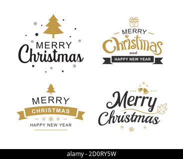 Frohe weihnachten und glückliches neues Jahr Typografie Label mit Symbolen Design-Set. Verwendung für Einladung, Postkarte, Poster, Grußkarte. Stock Vektor