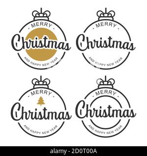 Frohe weihnachten und glückliches neues Jahr Typografie Label mit Symbolen Design-Set. Verwendung für Einladung, Postkarte, Poster, Grußkarte. Stock Vektor