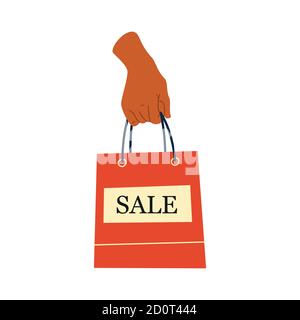 Weibliche Hand hält Einkäufe oder Geschenke. Verkaufsschild. Einkaufstasche, Geschenke. Handgezeichnete Vektorgrafik. Shopping, Rabatte, Verkaufskonzept Stock Vektor