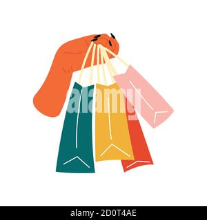 Weibliche Hand hält Einkäufe oder Geschenke. Verkaufsschild. Einkaufstasche, Geschenke. Handgezeichnete Vektorgrafik. Shopping, Rabatte, Verkaufskonzept Stock Vektor