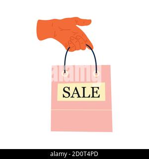Weibliche Hand hält Einkäufe oder Geschenke. Verkaufsschild. Einkaufstasche, Geschenke. Handgezeichnete Vektorgrafik. Shopping, Rabatte, Verkaufskonzept Stock Vektor