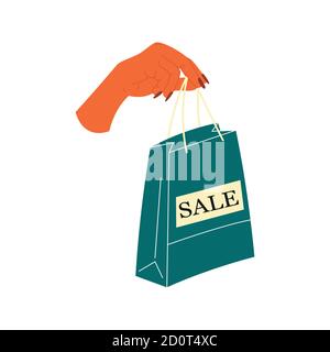 Weibliche Hand hält Einkäufe oder Geschenke. Verkaufsschild. Einkaufstasche, Geschenke. Handgezeichnete Vektorgrafik. Shopping, Rabatte, Verkaufskonzept Stock Vektor