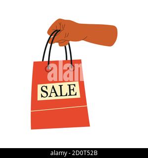 Weibliche Hand hält Einkäufe oder Geschenke. Verkaufsschild. Einkaufstasche, Geschenke. Handgezeichnete Vektorgrafik. Shopping, Rabatte, Verkaufskonzept Stock Vektor