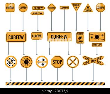 Warnschilder für Sperrstunde. Reihe von Straßenschildern. Covid-19-Schild isoliert. Vektorgrafik Stock Vektor