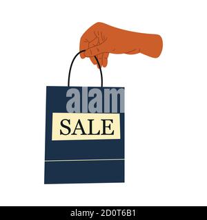 Weibliche Hand hält Einkäufe oder Geschenke. Verkaufsschild. Einkaufstasche, Geschenke. Handgezeichnete Vektorgrafik. Shopping, Rabatte, Verkaufskonzept Stock Vektor