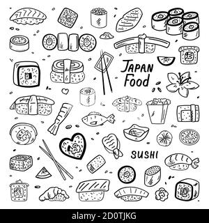 Japanische und chinesische Küche. Essen, Kritzeleien. Vektorgrafik. Einfacher Stil, geeignet für Café-Dekoration Stock Vektor