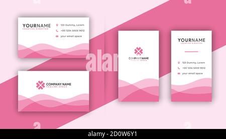 Doppelseitige Vorlage für kreative rosa Visitenkarten. Hoch- und Querformat. Horizontales und vertikales Layout. Vektorgrafik Stock Vektor