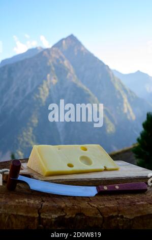 Käsesammlung, französischer emmental de savoie Käse mit runden Löchern, serviert im Freien in der Savoyer Region, mit Berggipfeln im Sommer auf dem Backgrou Stockfoto