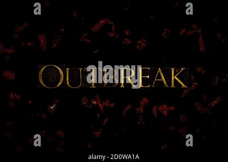 Ausbruchstext in Neonbuchstaben auf schwarzem Hintergrund mit Rot Viruspartikel Stockfoto