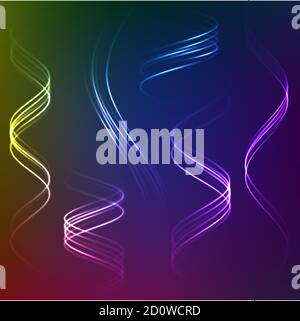 Setzen Sie leuchtende Wellenlinien mit Wirbeln, helle funkelt auf dunklem Hintergrund. Abstrakter Bewegungseffekt mit Lichtgeschwindigkeit Stock Vektor