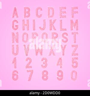 Festliches pinkfarbenes Alphabet. Satz von Buchstaben und Zahlen für Grußkarten, Einladungen, Plakate Stock Vektor
