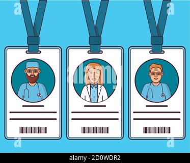 Personalausweise Ärzte. Junger Mann und Frau. Medizinisches Personal Charakter mit Uniform. Stock Vektor