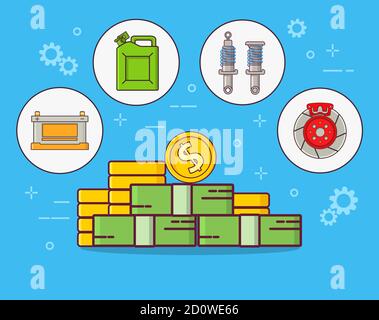 Kauf Autoteile speichern.Service Wartung. Druckspeicher, Stoßdämpfer, Bremsscheiben und ein Behälter Kraftstoff. Stock Vektor