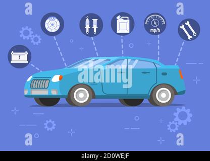 Auto-Reparatur-Service, blaue Limousine und Autoteile, Tachometer, Gas-Kanister, Batterie, Bremsscheiben. Stock Vektor