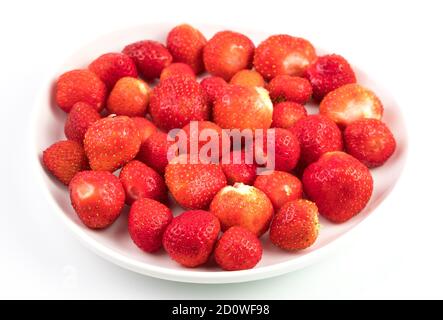 Erdbeeren auf weißem Teller auf hellem Hintergrund. Beerenhintergrund. Stockfoto