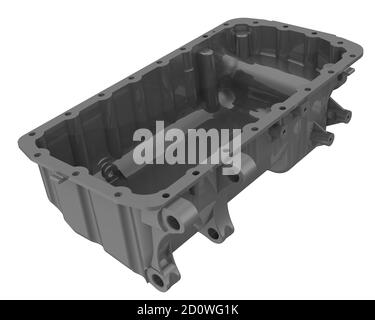 Ölwanne Verbrennungsmotor. Ölsumpf-Verbrennungsmotor auf weißem Hintergrund isoliert. 3D-Illustration Stockfoto
