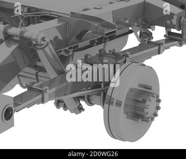 Fragment der Rückseite des Fahrzeugrahmens. Fragment der Rückseite des Rahmens des Autos ohne Karosserie. Isoliert. 3D-Illustration Stockfoto