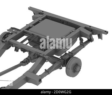 Fragment der Rückseite des Fahrzeugrahmens. Fragment der Rückseite des Rahmens des Autos ohne Karosserie. Isoliert. 3D-Illustration Stockfoto