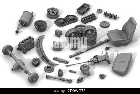 Teile des Autos liegen auf einer weißen Oberfläche. Isoliert. 3D-Illustration Stockfoto