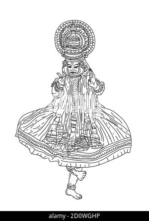 Kerala traditionelle Leistung kathakali Umriss Zeichnung. vektor-Illustration Stock Vektor