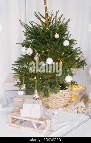 Weihnachtlich geschmückter Baum in einem Korbtopf mit weißen Spielzeugen. Neben dem Baum gibt es hölzerne dekorative Schlitten mit Geschenken Stockfoto