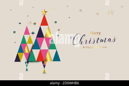 Frohe Weihnachten und Frohes neues Jahr. Weihnachtsbaum und geometrische Formen. Skandinavisches Vintage-Design. Vektorgrafik Stock Vektor
