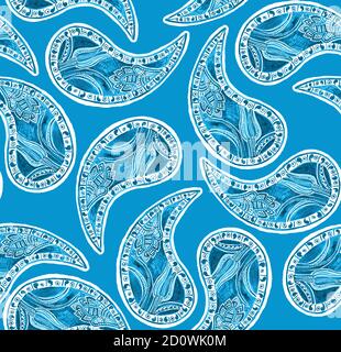 Paisley Nahtloses Muster. Handgemachtes Gemälde. Blau Winter floral Geometrie Aquarell Illustration auf blauem Hintergrund für Textil, Verpackung Stockfoto