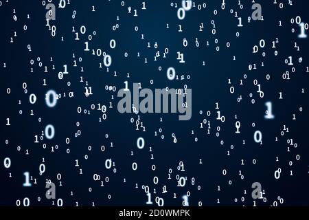 Binäre Codierungszahlen auf dunklem Hintergrund, 3d-Rendering. Digitale Zeichnung des Computers. Stockfoto