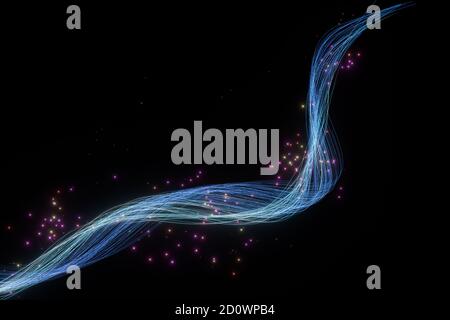 Fließende, leuchtende Neonlinien mit schwarzem Hintergrund, 3d-Rendering. Digitale Zeichnung des Computers. Stockfoto