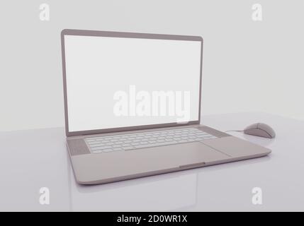 Laptop auf dem reflektierenden grauen Tisch, Mockup-Monitor, Arbeit zu Hause Konzept, Arbeitsplatz, 3d-Render Stockfoto
