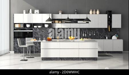 Moderne Küche in schwarzem und weißem Marmor mit Insel und Hocker - 3d-Rendering Stockfoto