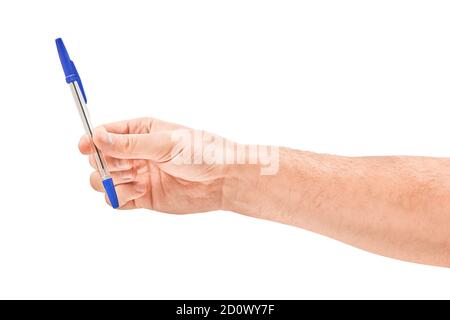 Mann Hand halten Stift isoliert auf weißem Hintergrund Stockfoto