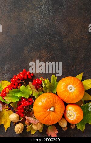 Saisonales Konzept Hintergrund. Herbst Hintergrund mit Herbst Ahornblätter, Kürbis, Nüsse und Beeren auf einem Schiefer Hintergrund. Draufsicht flach lagen Hintergrund Stockfoto