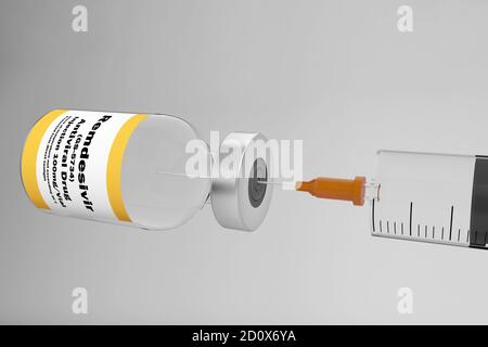 3D-RENDERING mit einer Spritze und einer Behälterflasche antivirales Medikament Remdesivir GS-5734 in der Behandlung der Coronavirus-Krankheit 2019 COVID-19. Stockfoto