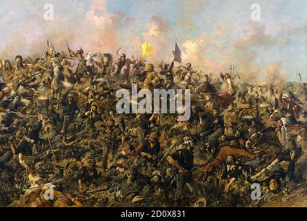 Custer's Last Stand von Edgar Samuel Paxson in 1899. Public Domain Bild aufgrund des Alters. Die Schlacht des Kleinen Bighorns, die den Lakota und anderen Plains Indianern als die Schlacht des fettigen Grases bekannt ist und auch allgemein als Custer's Last Stand bezeichnet wird, war eine bewaffnete Auseinandersetzung zwischen Vereinten Kräften der Lakota, Northern Cheyenne, Und Arapaho Stämme und das 7. Kavallerie-Regiment der United States Army. Die Schlacht, die zur Niederlage der US-Streitkräfte führte, war die bedeutendste Aktion des Großen Sioux-Krieges von 1876. Es fand am 25.–26. Juni 1876, entlang der kleinen Bighorn R Stockfoto