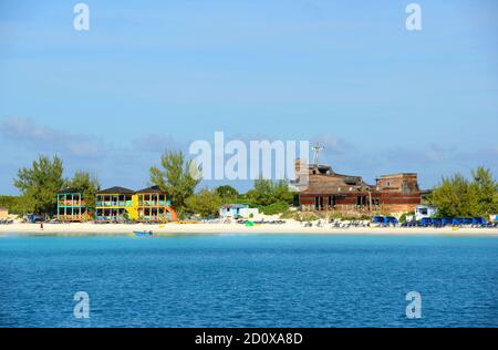 Half Moon Cay auch als kleine San Salvador Island Luftaufnahme auf den Bahamas. Stockfoto