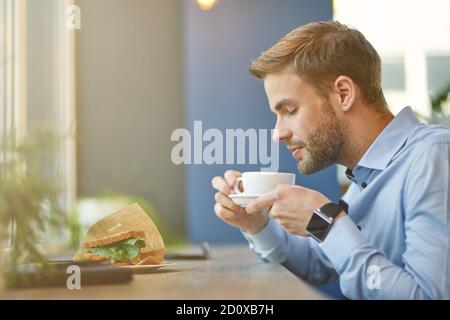 Frühstückszeit. Seitenansicht eines jungen Geschäftsmannes, der Kaffee trinkt und ein frisches Sandwich isst, während er im Café sitzt Stockfoto