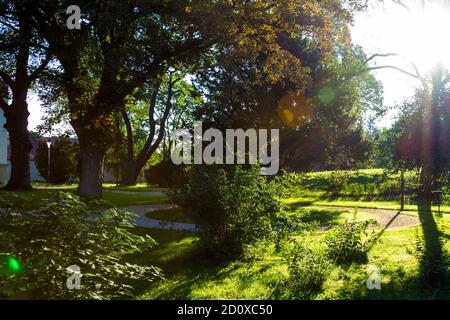 Garten der Lenck-Villa (Baujahr 1890) mit alten Bäumen, Sopron, Ungarn Stockfoto