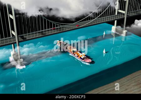 3d-Ausschnitt eines Stranges mit einer Brücke und einem Frachtschiff, das Container trägt. Reise-, See- und Landverkehr. Segelboote. 3d-Rendering Stockfoto