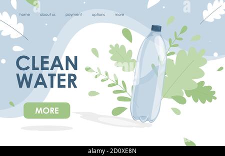 Sauberes Wasser Vektor flache Landing Page Design mit Textraum. Große Plastikflasche mit frischem Wasser. Vorlage für die Website zur Lieferung von Wasser. Aktive und gesunde Lebensweise, trinken mehr Wasser-Konzept. Stock Vektor