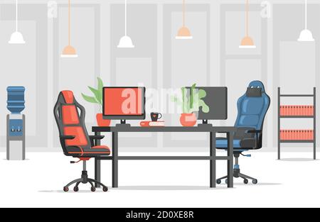 Moderne und stilvolle Arbeitsplatz Vektor flaches Design. Rote und blaue Sessel oder Spielstühle, Computermonitore und Bürodokumente in Bücherregalen. Innenarchitektur im Büro. Stock Vektor
